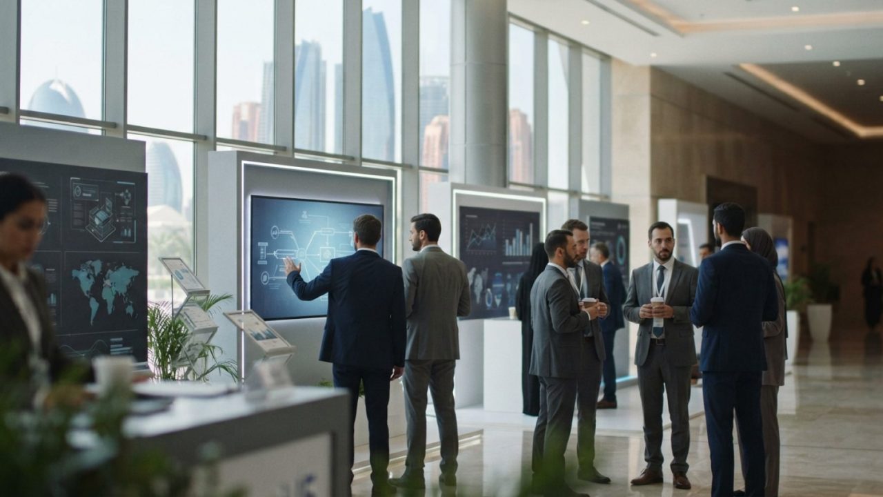 Illustration: A modern, sunlit convention center exhibition hall with business delegates in professional attire engaged in conversation near sleek dis