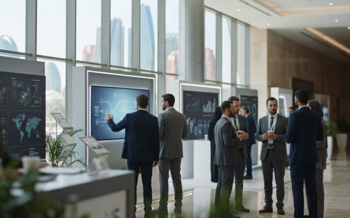 Illustration: A modern, sunlit convention center exhibition hall with business delegates in professional attire engaged in conversation near sleek dis