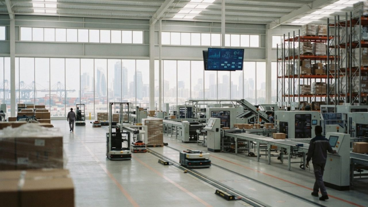Illustration: A modern logistics and distribution warehouse hub with automated cargo moving systems and digital management displays, bright natural li