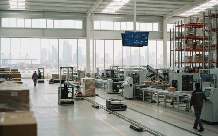 Illustration: A modern logistics and distribution warehouse hub with automated cargo moving systems and digital management displays, bright natural li