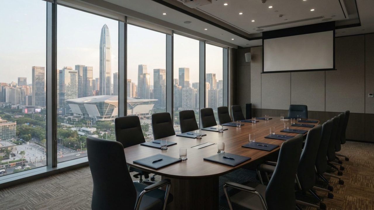 Illustration: A modern corporate boardroom overlooking the skyline of Shenzhen's high-tech financial district through floor-to-ceiling glass windows i
