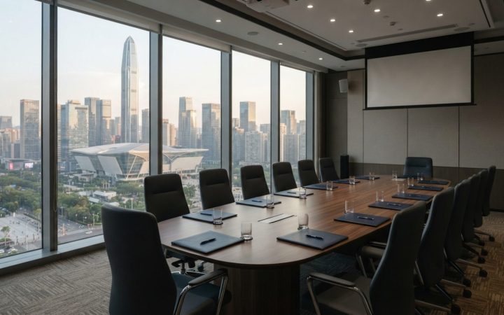 Illustration: A modern corporate boardroom overlooking the skyline of Shenzhen's high-tech financial district through floor-to-ceiling glass windows i