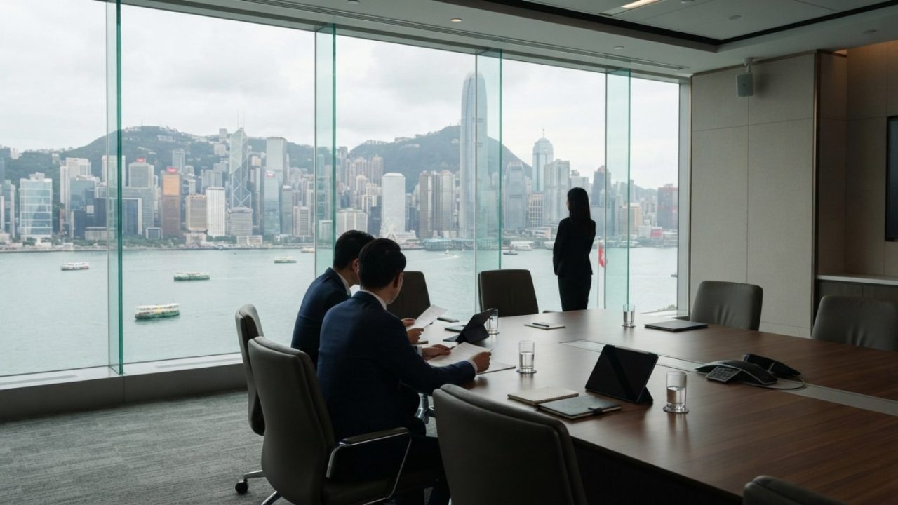 Illustration: A modern corporate executive boardroom overlooking a panoramic view of Hong Kong's harbor and skyline, featuring clean glass walls and n