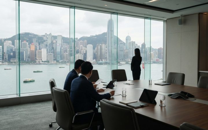 Illustration: A modern corporate executive boardroom overlooking a panoramic view of Hong Kong's harbor and skyline, featuring clean glass walls and n