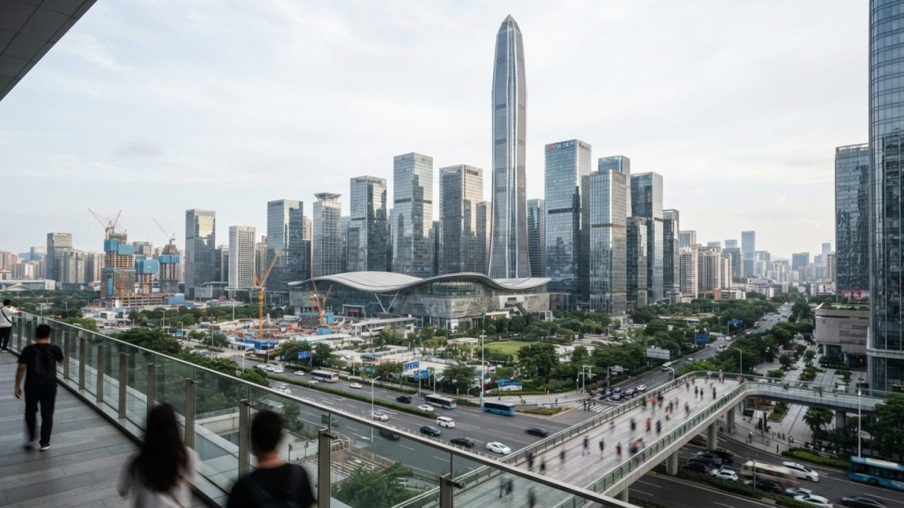 Illustration: A modern commercial skyline view of Shenzhen with skyscrapers and tech business centers under daylight, representing international trade
