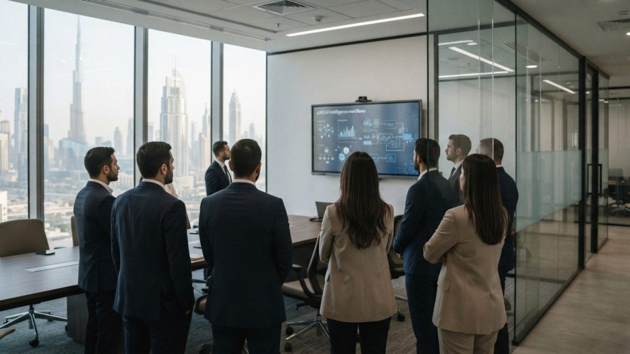 Illustration: A modern corporate training room in Dubai with business professionals observing a digital presentation on artificial intelligence workfl