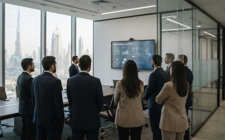 Illustration: A modern corporate training room in Dubai with business professionals observing a digital presentation on artificial intelligence workfl