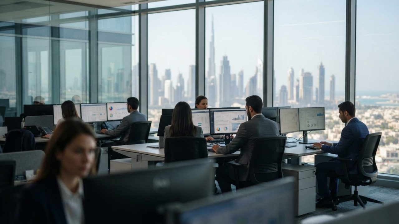 Illustration: A modern corporate office environment in Dubai with professionals working on advanced computer monitors displaying data analytics workfl