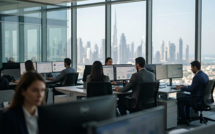 Illustration: A modern corporate office environment in Dubai with professionals working on advanced computer monitors displaying data analytics workfl