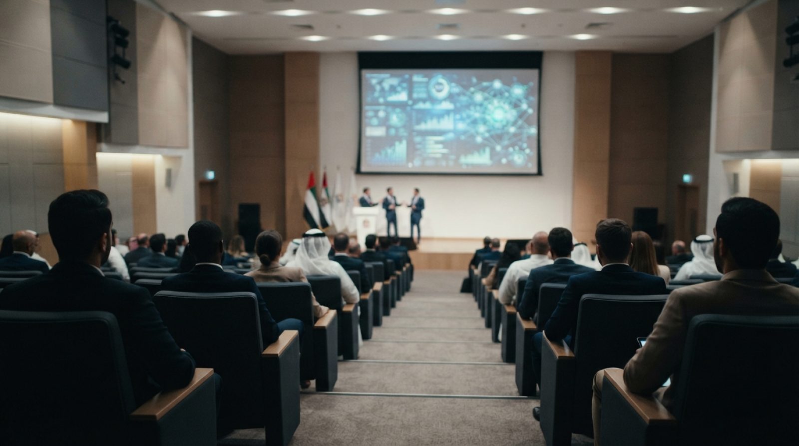 Illustration: Modern conference hall in Dubai with business professionals seated in an auditorium setting, large presentation screen displaying techno
