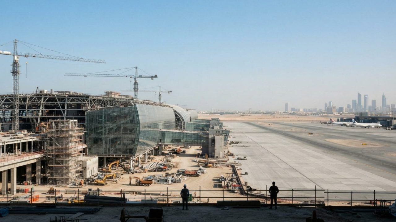 Illustration: An expansive modern international airport terminal construction site with sleek glass facades, cranes, and aircraft runways visible unde