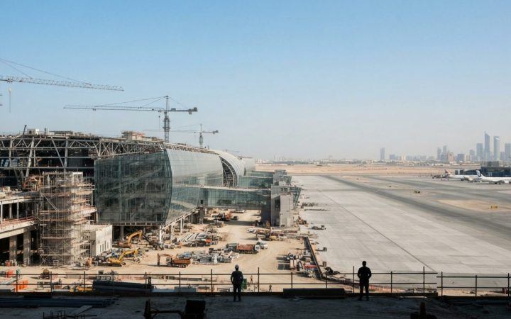 Illustration: An expansive modern international airport terminal construction site with sleek glass facades, cranes, and aircraft runways visible unde