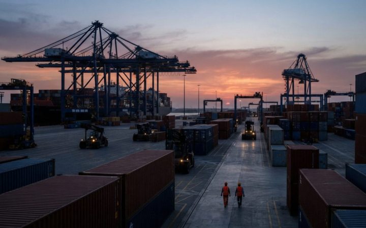 Illustration: A modern commercial container shipping terminal and logistics hub in Dubai with cargo cranes and stacked containers at sunset, editorial
