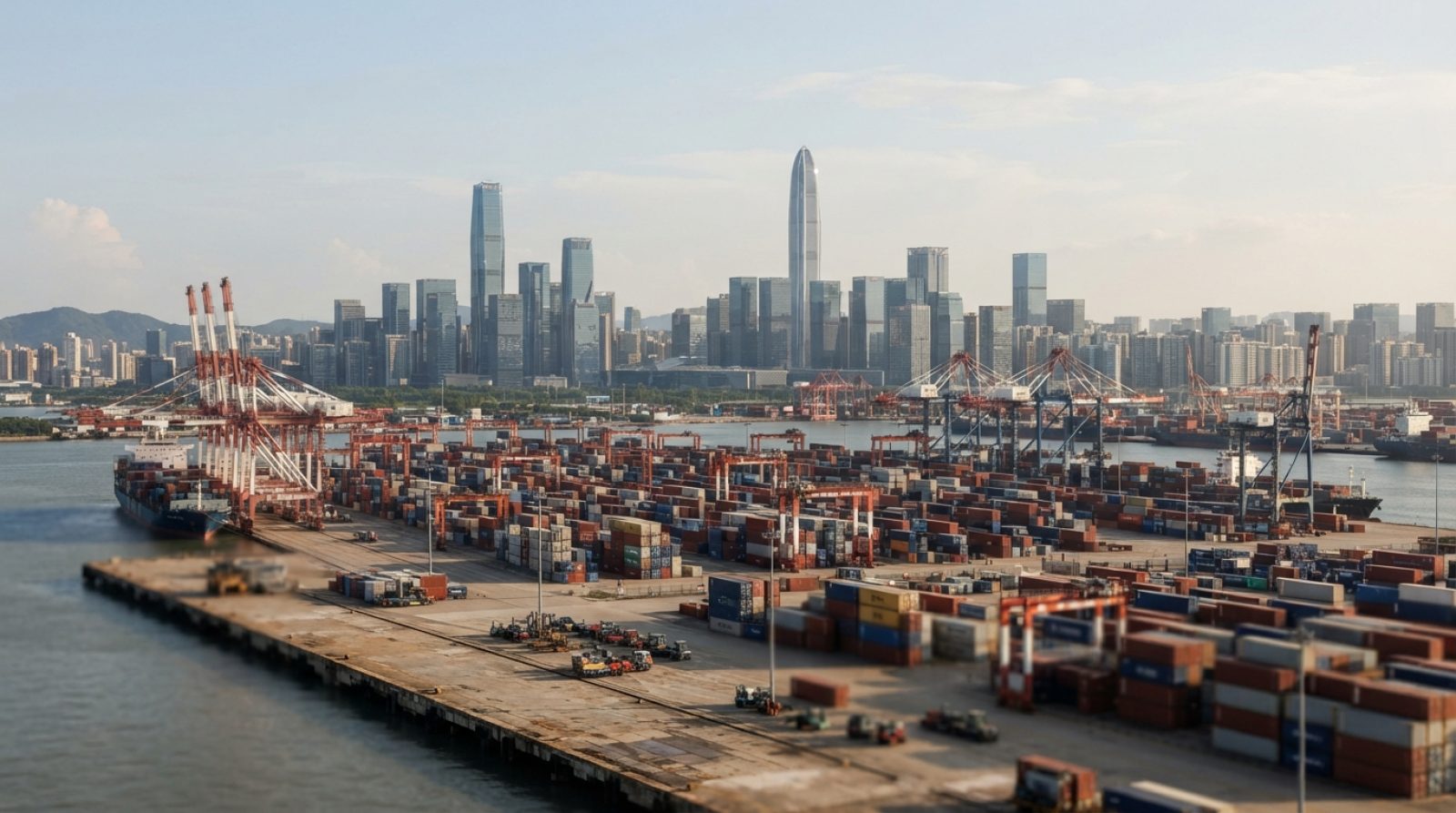 Illustration: Editorial photograph showing modern architectural skylines and glass high-rise towers of Shenzhen and modern logistics shipping hubs in