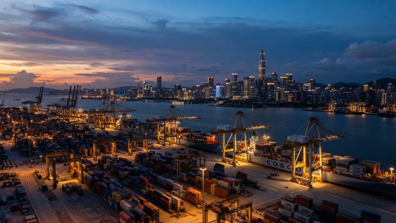 Illustration: A realistic modern editorial photograph showing the modern skyline and deep-water commercial container port in Shenzhen at dusk, featuri