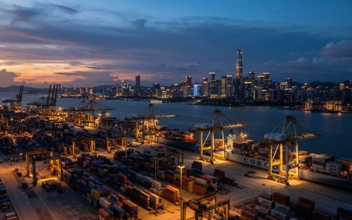 Illustration: A realistic modern editorial photograph showing the modern skyline and deep-water commercial container port in Shenzhen at dusk, featuri