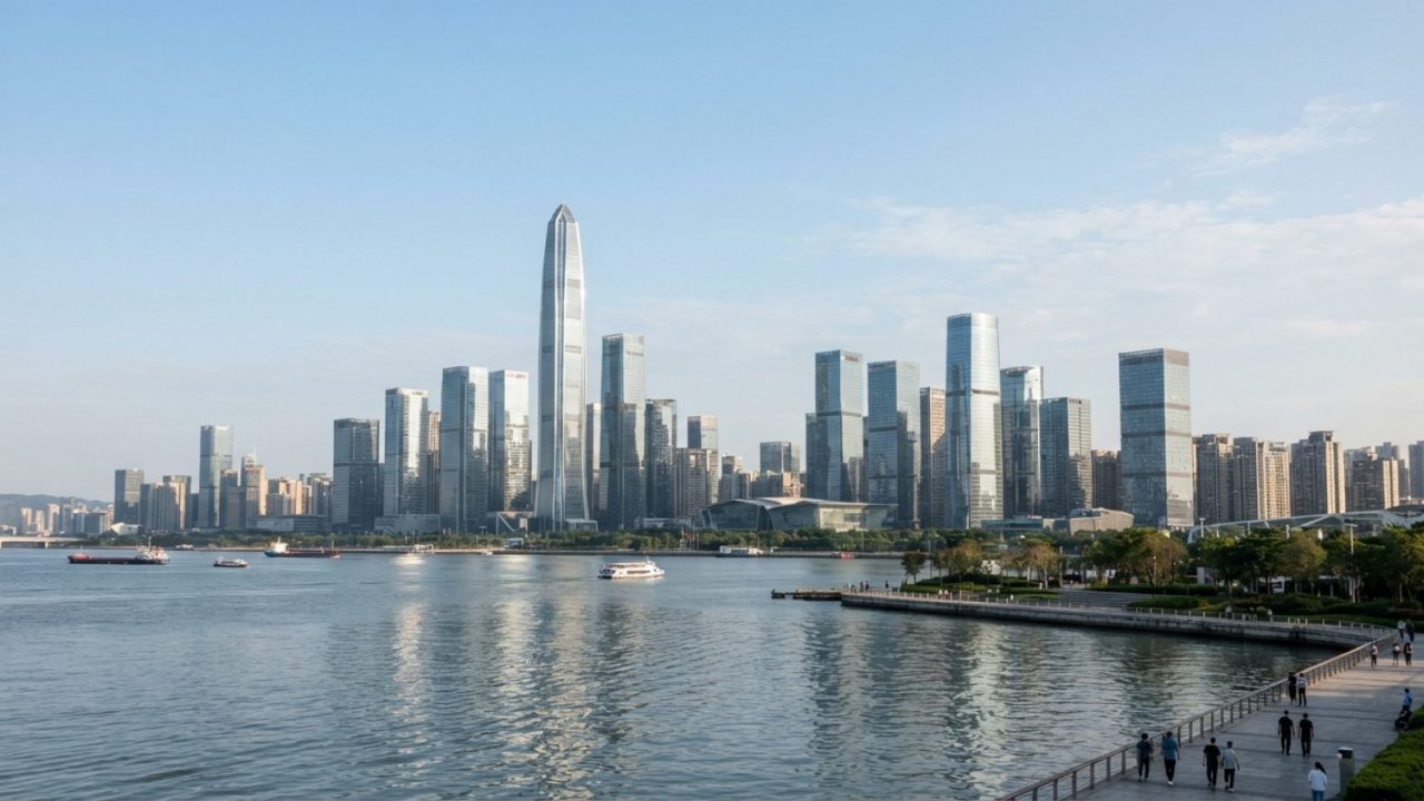 Illustration: Editorial news photograph showing a wide-angle view of the modern Shenzhen and Qianhai financial skyline with sleek glass towers, reflec