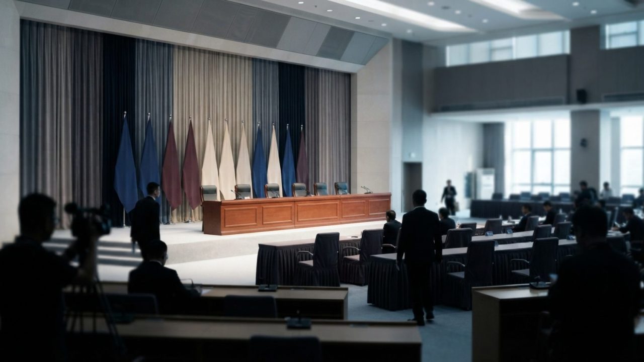 Illustration: Modern business conference hall in Shenzhen with corporate banners and executive seating, showcasing an international business forum set