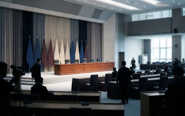 Illustration: Modern business conference hall in Shenzhen with corporate banners and executive seating, showcasing an international business forum set