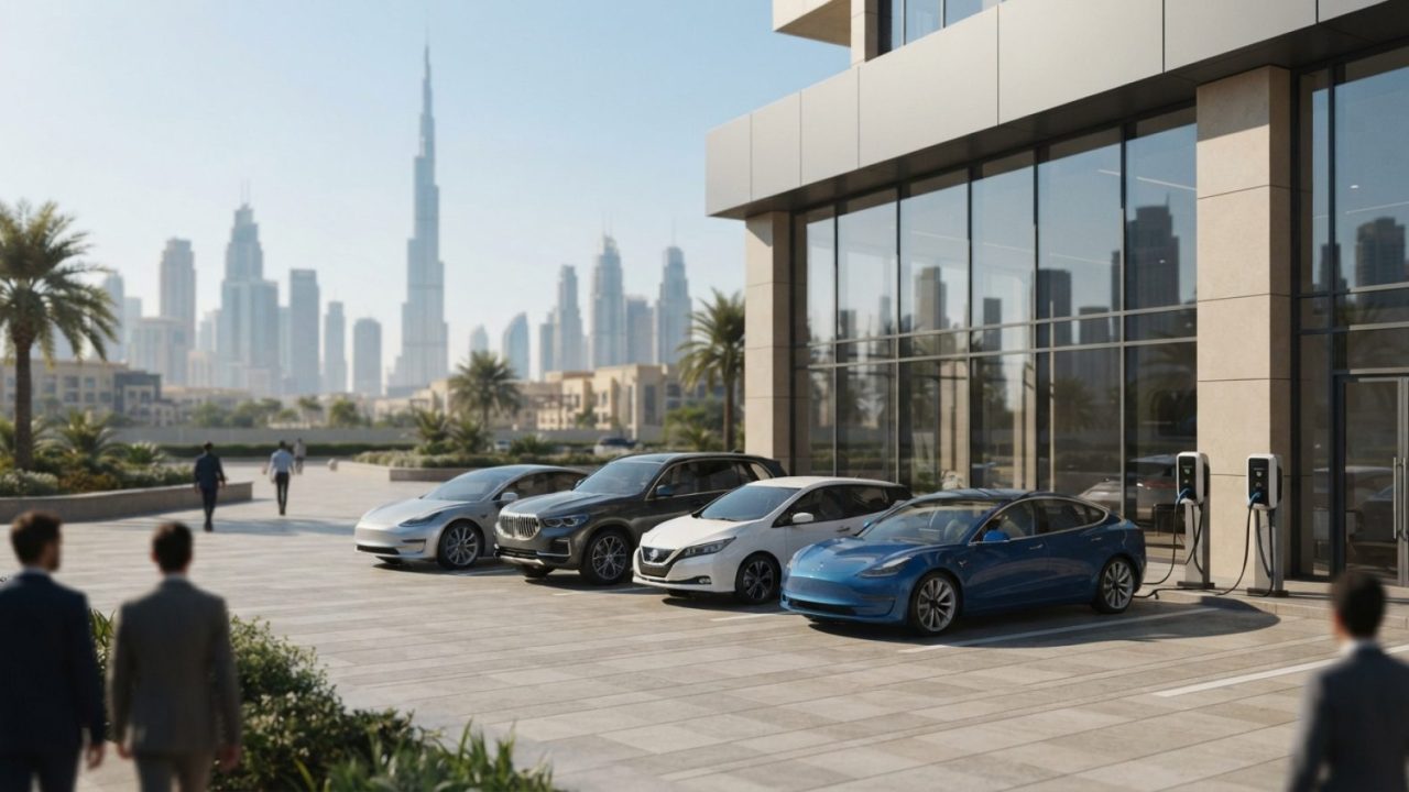 Illustration: Editorial news photo of modern electric cars parked neatly in front of an upscale automotive showroom in Dubai, with charging stations v