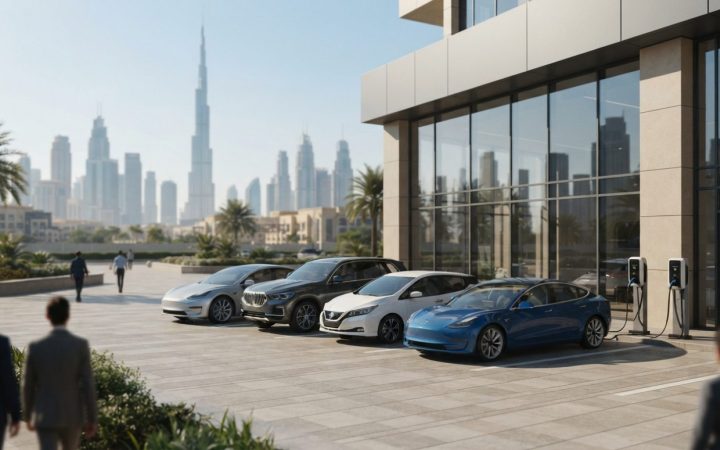 Illustration: Editorial news photo of modern electric cars parked neatly in front of an upscale automotive showroom in Dubai, with charging stations v