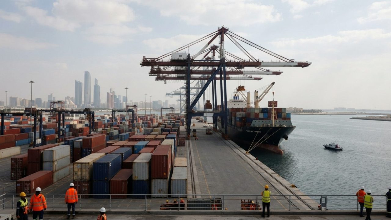 Illustration: A modern commercial maritime port terminal with rows of colorful shipping containers and gantry cranes during daylight, with cargo ships