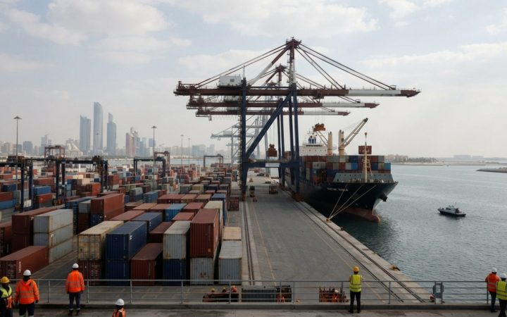 Illustration: A modern commercial maritime port terminal with rows of colorful shipping containers and gantry cranes during daylight, with cargo ships