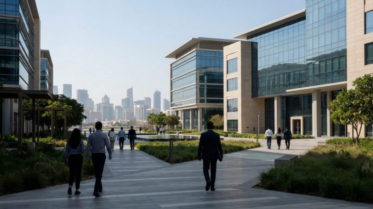 Illustration: A modern technology and innovation business park featuring sleek architectural buildings with glass facades, landscaped green outdoor co