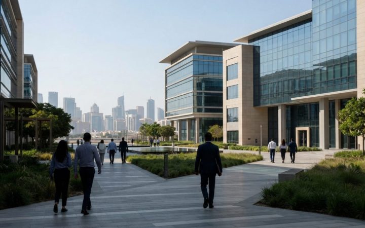 Illustration: A modern technology and innovation business park featuring sleek architectural buildings with glass facades, landscaped green outdoor co
