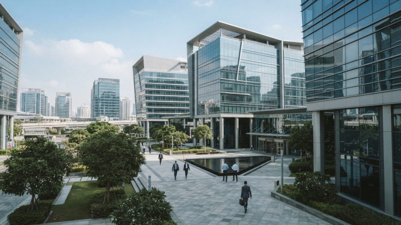Illustration: Modern high-tech business park and corporate office towers with contemporary glass architecture and landscaped pathways under a clear sk