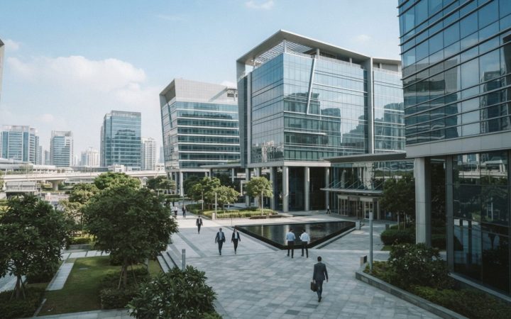 Illustration: Modern high-tech business park and corporate office towers with contemporary glass architecture and landscaped pathways under a clear sk
