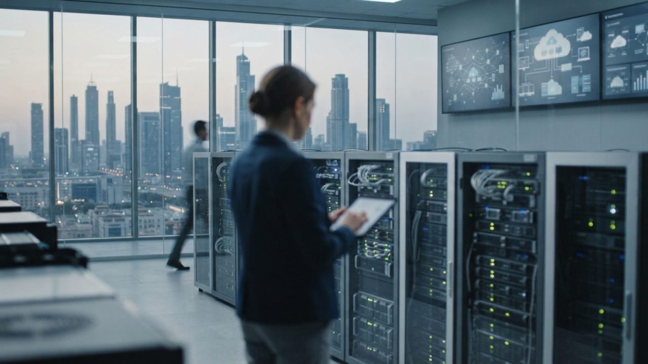 Illustration: A modern corporate office tech lab setting showing high-tech server racks, digital cloud infrastructure network diagrams on background s