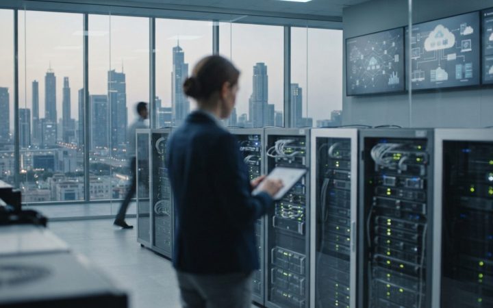 Illustration: A modern corporate office tech lab setting showing high-tech server racks, digital cloud infrastructure network diagrams on background s