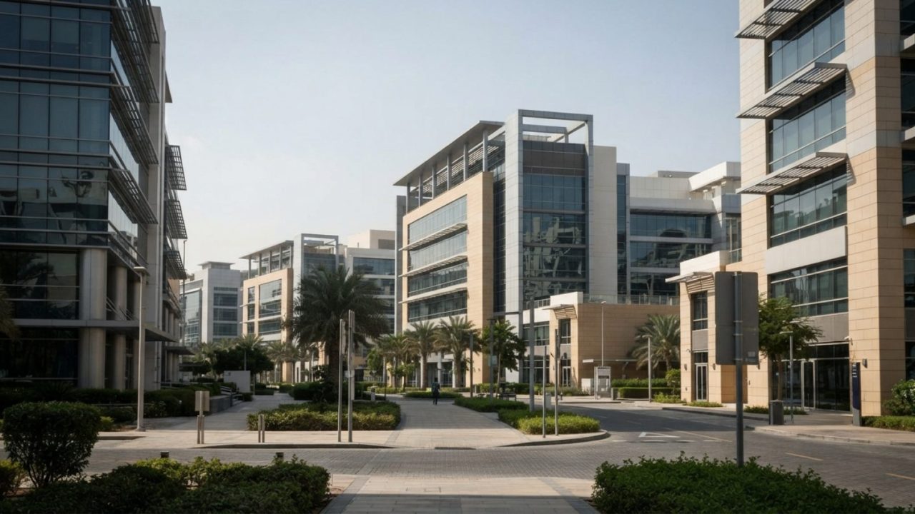 Illustration: Modern architectural view of contemporary commercial office buildings and logistics facilities in a Dubai business park under daylight,