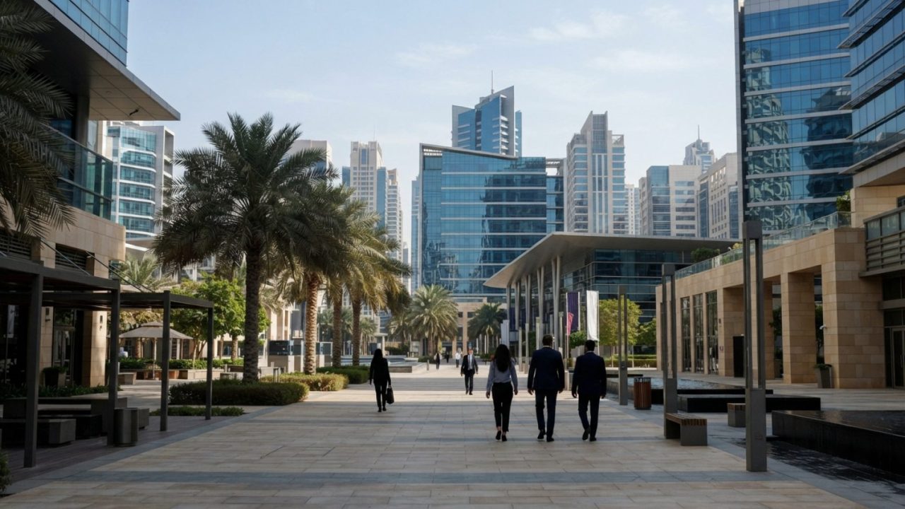 Illustration: A modern commercial business park and digital logistics district in Dubai featuring contemporary glass office architecture and pedestria
