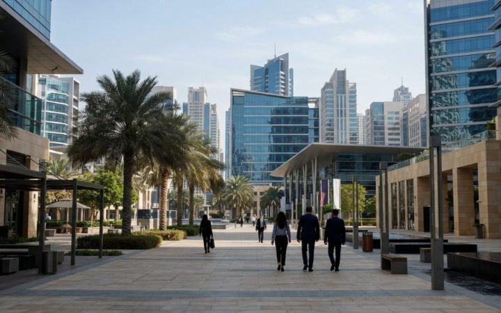 Illustration: A modern commercial business park and digital logistics district in Dubai featuring contemporary glass office architecture and pedestria