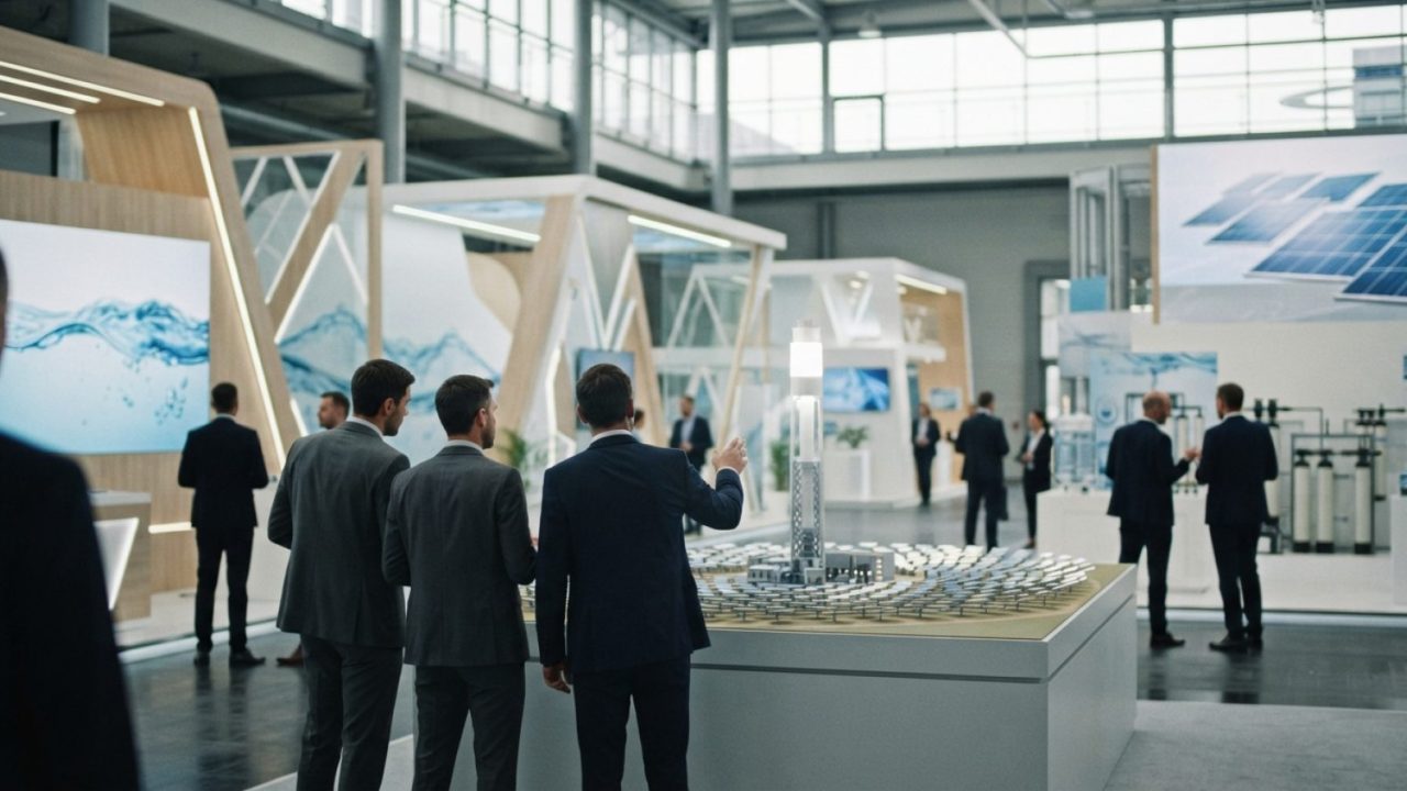 Illustration: A modern, bright indoor exhibition hall at a major trade show dedicated to clean energy and water technology, showing sleek contemporary