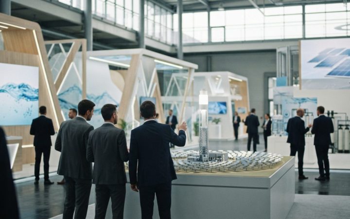 Illustration: A modern, bright indoor exhibition hall at a major trade show dedicated to clean energy and water technology, showing sleek contemporary