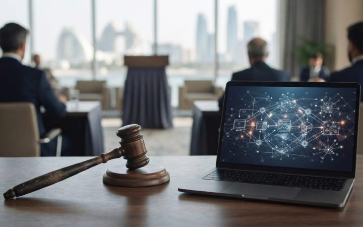 Illustration: A modern legal setting showing a wooden gavel resting beside a laptop display of complex cryptocurrency blockchain transaction diagrams