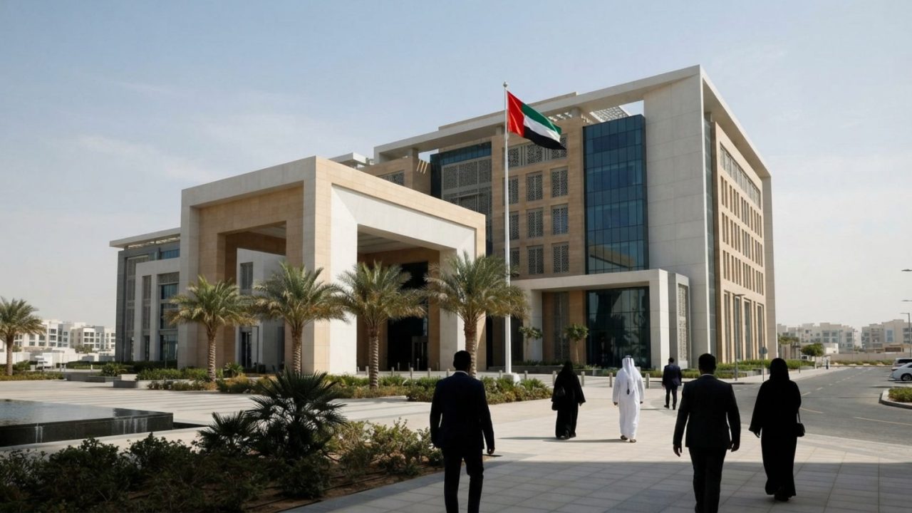 Illustration: A modern courtroom building exterior in Dubai under clear daylight, with clean contemporary architecture representing commercial legal p