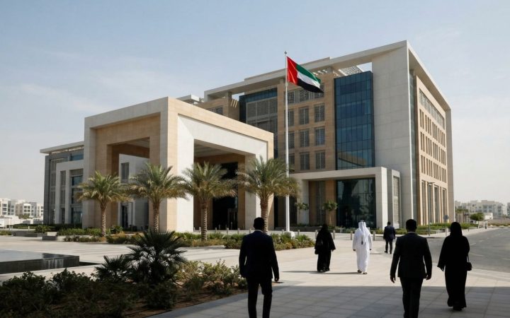 صورة توضيحية: المظهر الخارجي لمبنى محكمة حديث في دبي في وضح النهار الصافي، بهندسة معمارية معاصرة وأنيقة تعكس الإجراءات القانونية التجارية
