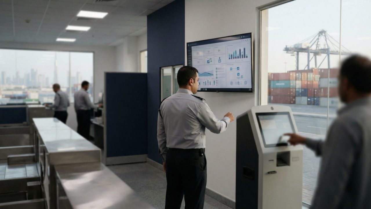 Illustration: A modern customs checkpoint office in Dubai featuring digital monitors displaying logistics clearance data, automated payment terminals,