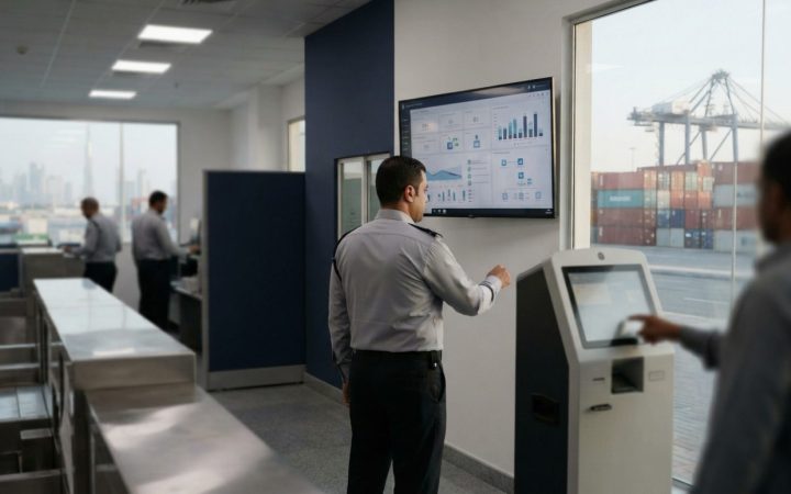 Illustration: A modern customs checkpoint office in Dubai featuring digital monitors displaying logistics clearance data, automated payment terminals,