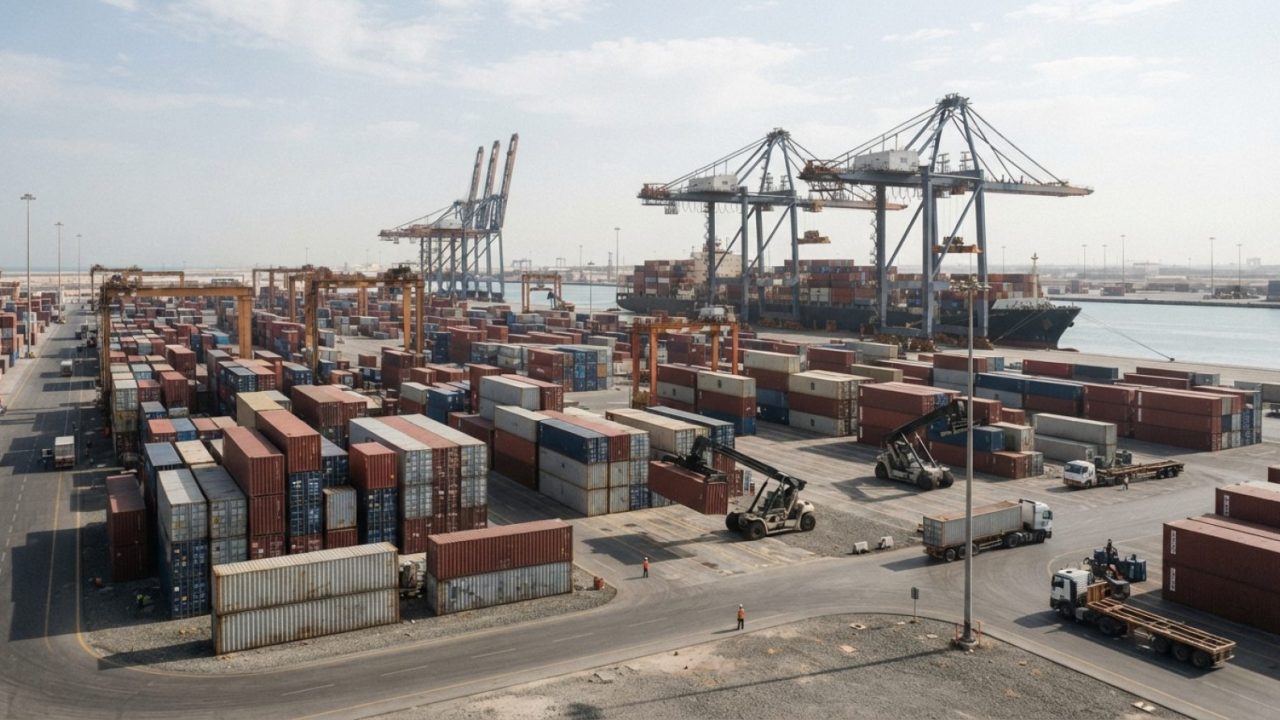 Illustration: A busy commercial container logistics terminal and cargo warehousing facility at a Middle Eastern port with stacked shipping containers