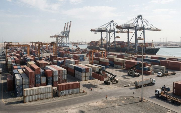 Illustration: A busy commercial container logistics terminal and cargo warehousing facility at a Middle Eastern port with stacked shipping containers