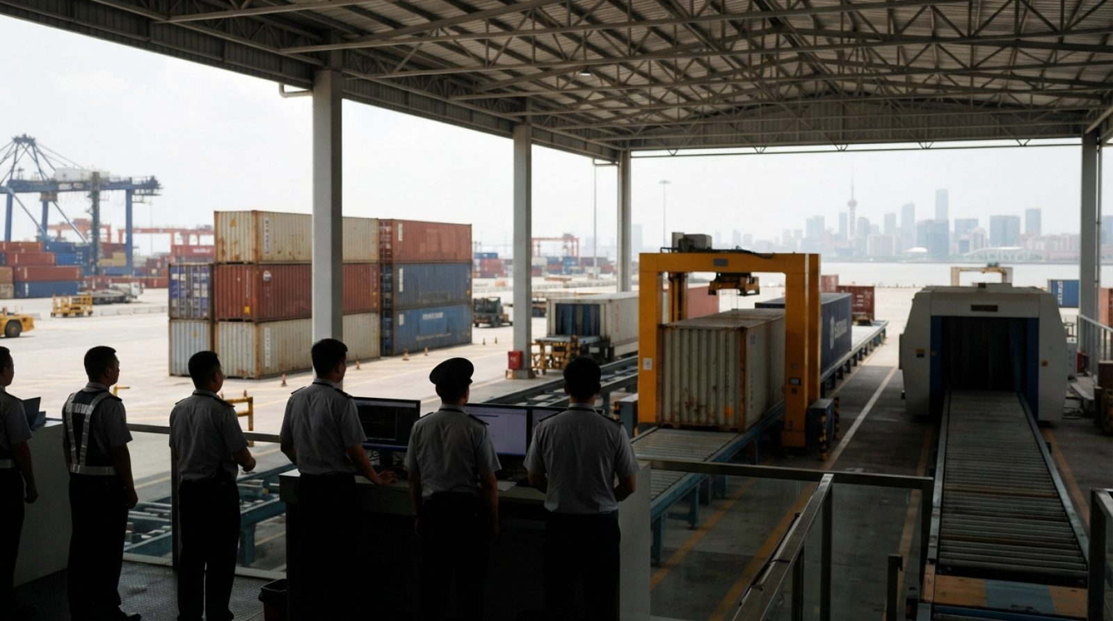 Illustration: Customs cargo inspection facility at an international shipping port with container scanning equipment, logistics officers in modern unif