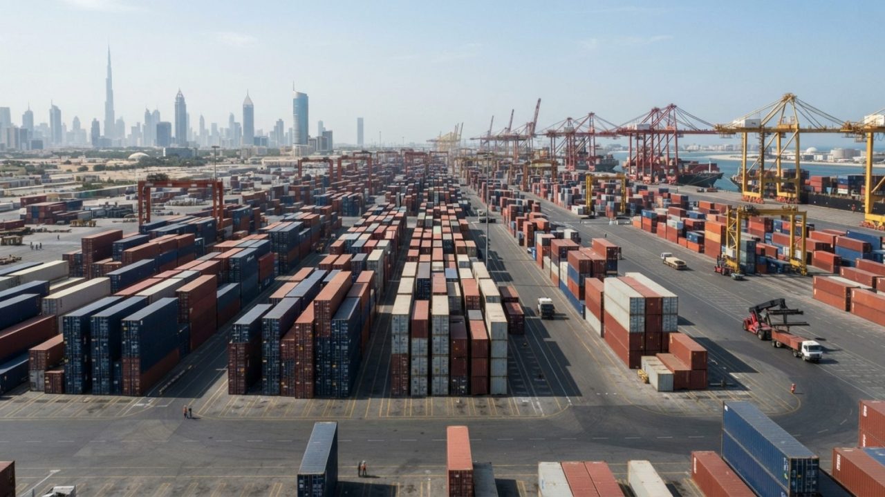 Illustration: Editorial news photograph showing a wide view of a modern logistics and customs cargo terminal in Dubai with organized rows of intermoda