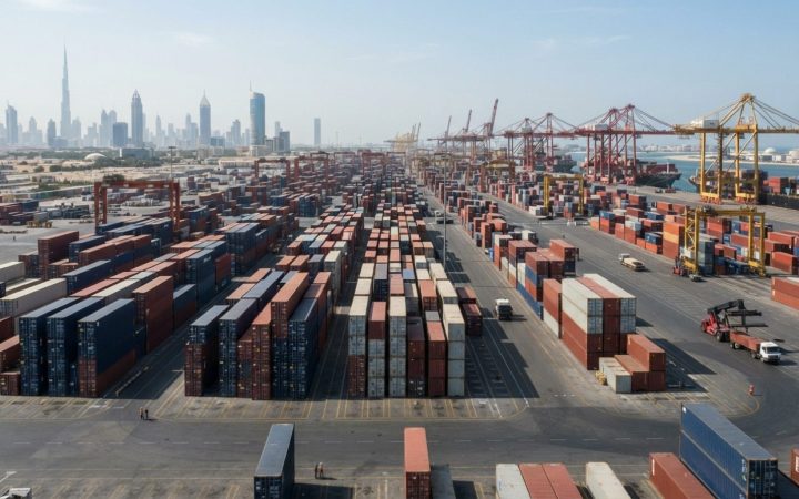 Illustration: Editorial news photograph showing a wide view of a modern logistics and customs cargo terminal in Dubai with organized rows of intermoda