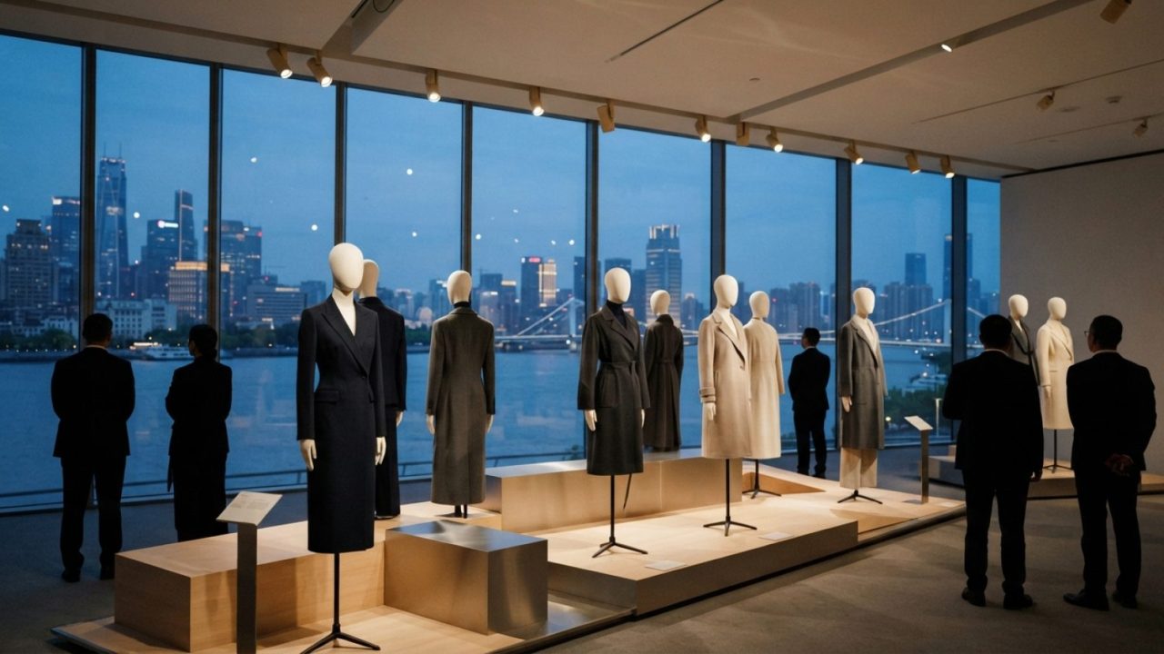 Illustration: An elegant, contemporary fashion exhibition gallery overlooking a riverfront skyline at dusk, featuring sleek minimalist mannequins, arc