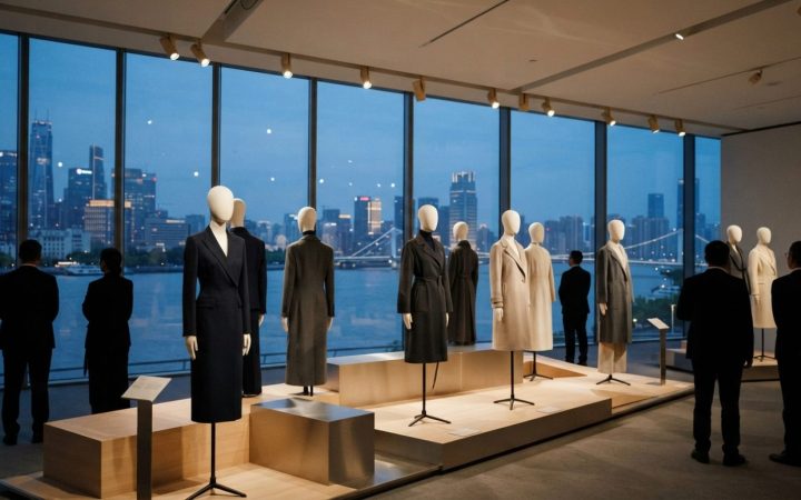 Illustration: An elegant, contemporary fashion exhibition gallery overlooking a riverfront skyline at dusk, featuring sleek minimalist mannequins, arc